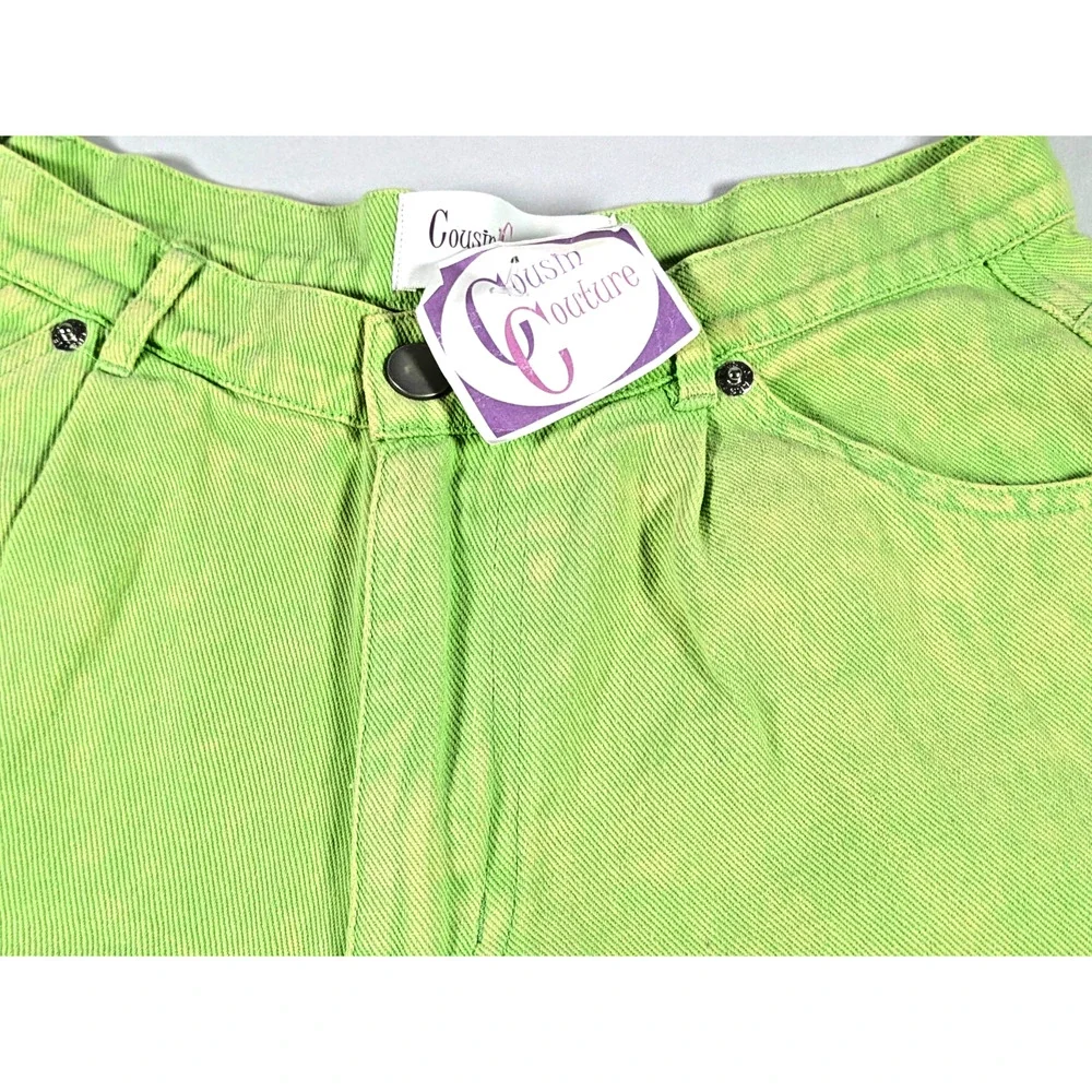 Cousin Couture Acid Wash Denim Shorts High Waisted Fringe Hem Small S Neon Green
